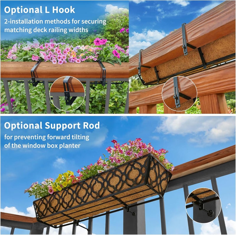 HFHOME 2 Pcs 30" Window Box Deck Railing Planter with Horse Trough Coco Liners, Black Metal Hanging Flower Planters Baskets for Indoor, Outdoor, Balcony, Porch, Fence, Patio, and Lawn - Image 5